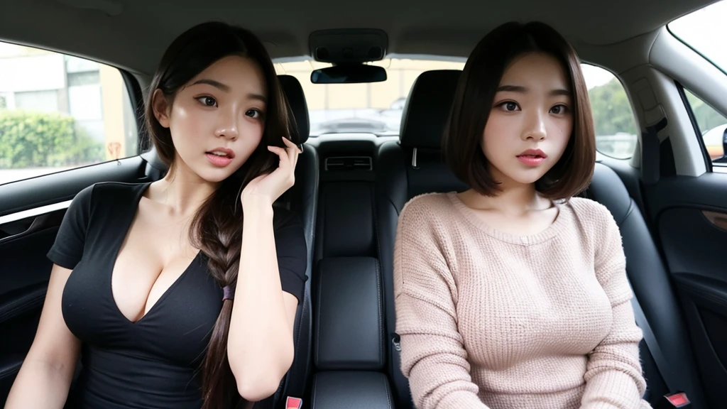 Indonesian girl 19-year-old Hairstyle Casual, F Cup Breasts wearing crewneck dress in car amd driving the car with her friend, they are scared because there are thugs who want to do carjacking and they in car increasingly scared and scream for help.