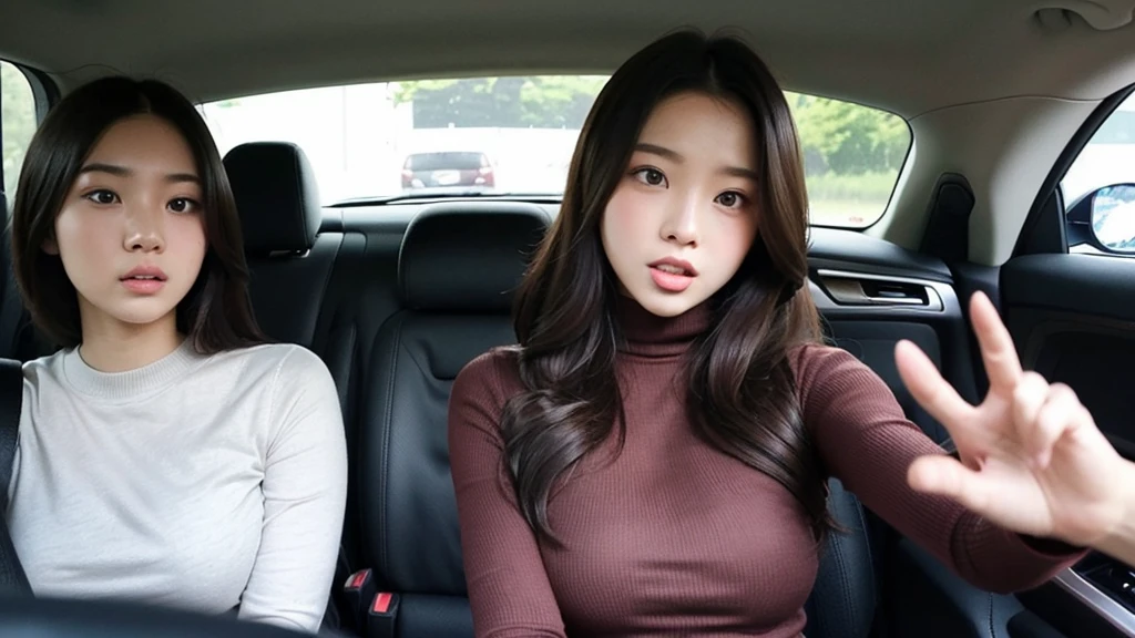 Indonesian girl 19-year-old Hairstyle Casual, F Cup Breasts wearing crewneck dress in car amd driving the car with her friend, they are scared because there are thugs who want to do carjacking and they in car increasingly scared and scream for help.