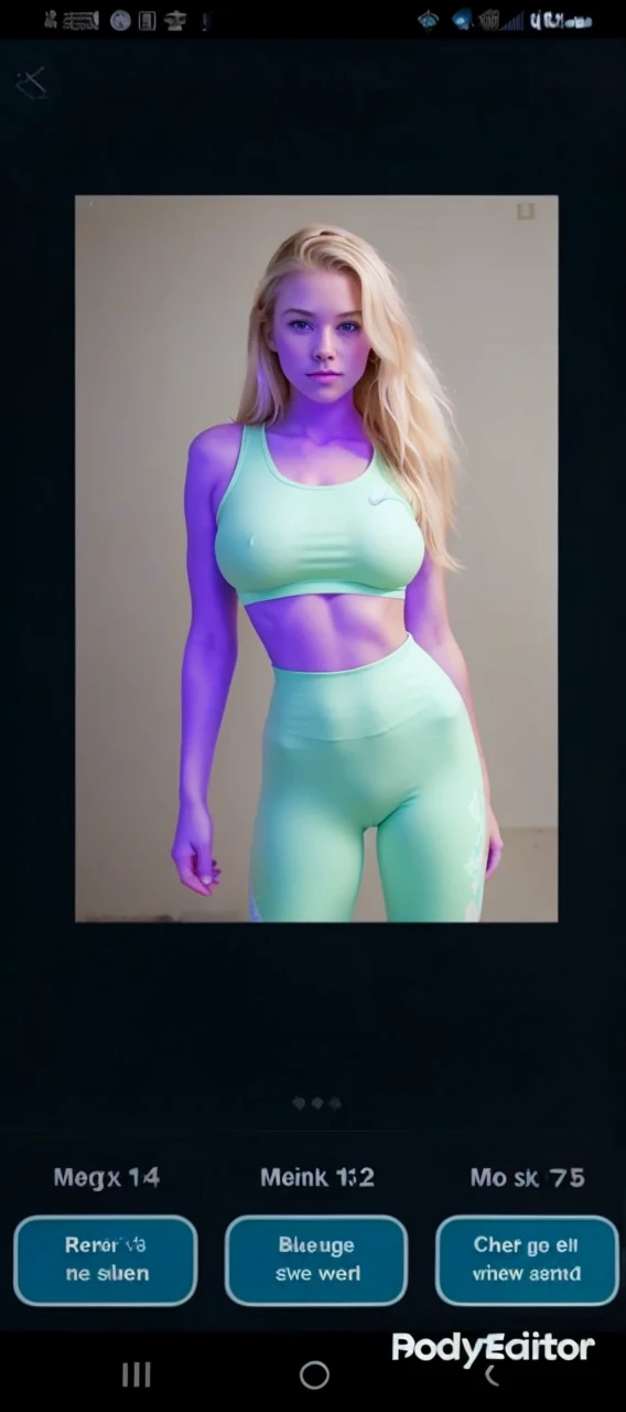 A girl  in tight mint green leggings with blonde hair and blue eyes full body  as shes swelling up into a blueberry big  so big she has to hold them