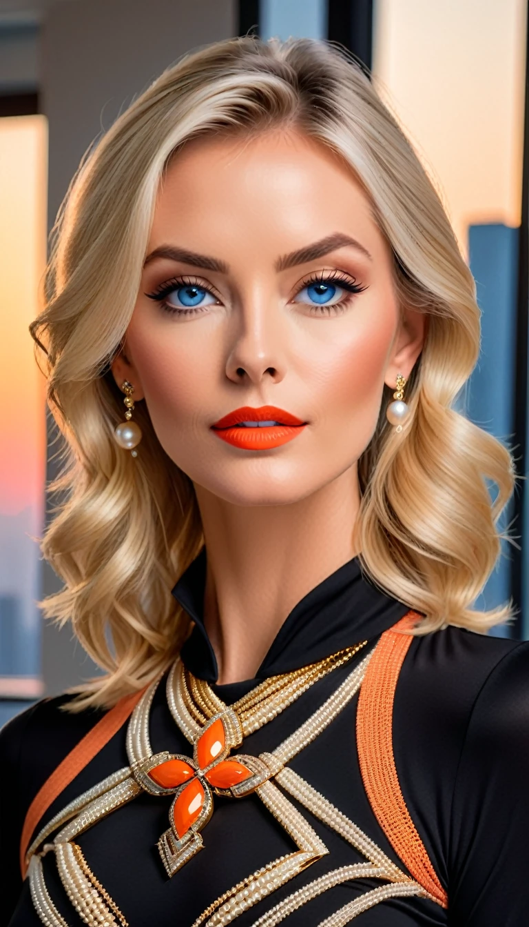 Beautiful woman with short straight blond hair with blue eyes wearing a Black Gym Tight Leggings, an Orange Sexy Criss Cross Mock Neck Mid Sleeves Blouse, luxurious jewelry, 18k gold wedding ring on left hand, standing in an office room at sunset wearing a luxurious pearl necklace (light red lipstick),(elegant mascara),(muscular body with abs),(mid breasts) midjourney, <lora:GoodHands-, <lora:GoodLegs-, UHD, high resolution, (masterpiece:1.1, best quality), (expressive eyes, perfect face, full body, expressive face, perfect body, athletic, fit, slim body, blushing, Perfect makeup, eyeliner, beautiful eyelashes, smiling, horny face), ((best illumination, best shadows))