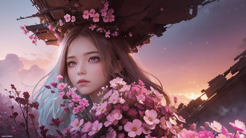 32k, Masterpiece, Highest quality, One girl, Brown Hair, Detailed eyes, flower,sweet pea, Pink and yellow style,A dreamy, romantic piece,Pale pink, Mysterious Leaves,A playful arrangement,Fantasy,High Contrast,Ink strokes,explosion,Exposure, Impression of pink and yellow tones,Abstract,((Watercolours by John Berkey and Jeremy Mann )) Brush strokes,Negative Space, Tyndall effect, White background