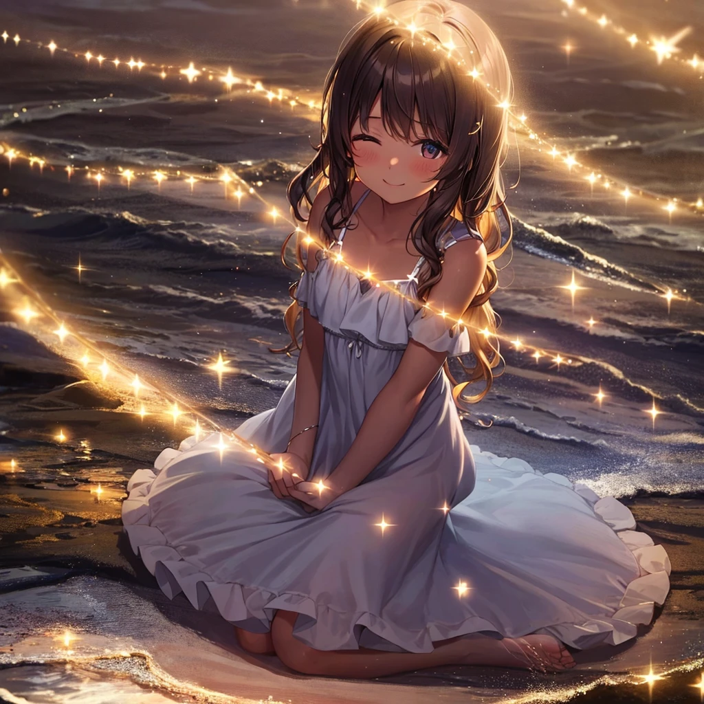 Girl with tan skin and very long wavy dark hair thats wavy sitting down under the stars smiling with a magical night dress