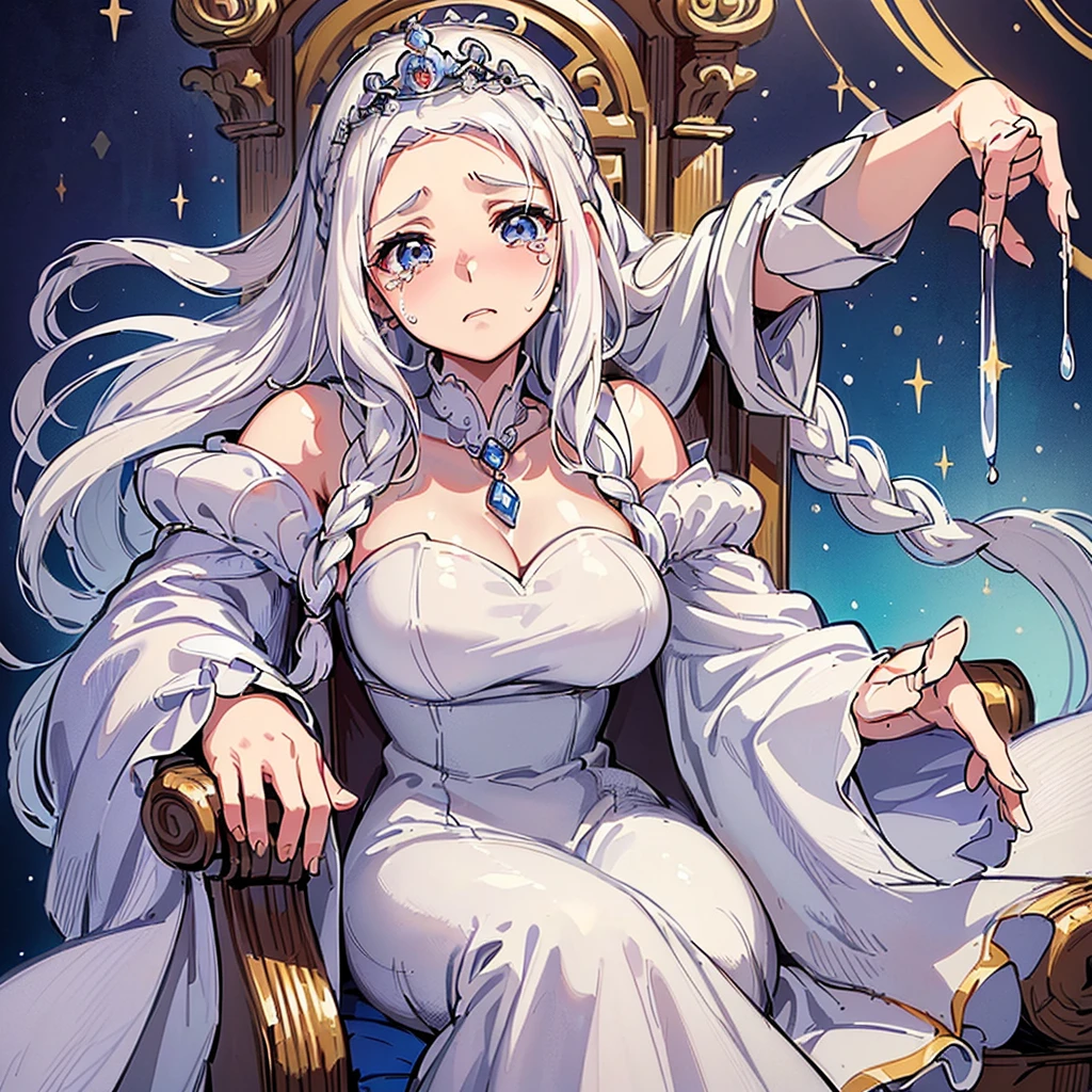 (((Solo)))、Highest quality, Best Quality、middle ages、(((白いGorgeous dress))、(Mature Woman、Mother、40 years old)、(White Hair、Middle Reason、Does not touch the forehead、Dumpling、Braid)、(cry、tears、sad、painful)、(princess、Queen of the West)、(Gorgeous dress)、tiara、(Sit in a luxurious castle chair)、From below