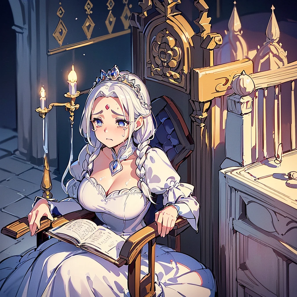 (((Solo)))、Highest quality, Best Quality、middle ages、(((白いGorgeous dress))、(Mature Woman、Mother、40 years old)、(White Hair、Middle Reason、Does not touch the forehead、Dumpling、Braid)、(cry、tears、sad、painful)、(princess、Queen of the West)、(Gorgeous dress)、tiara、(Sit in a luxurious castle chair)、From below