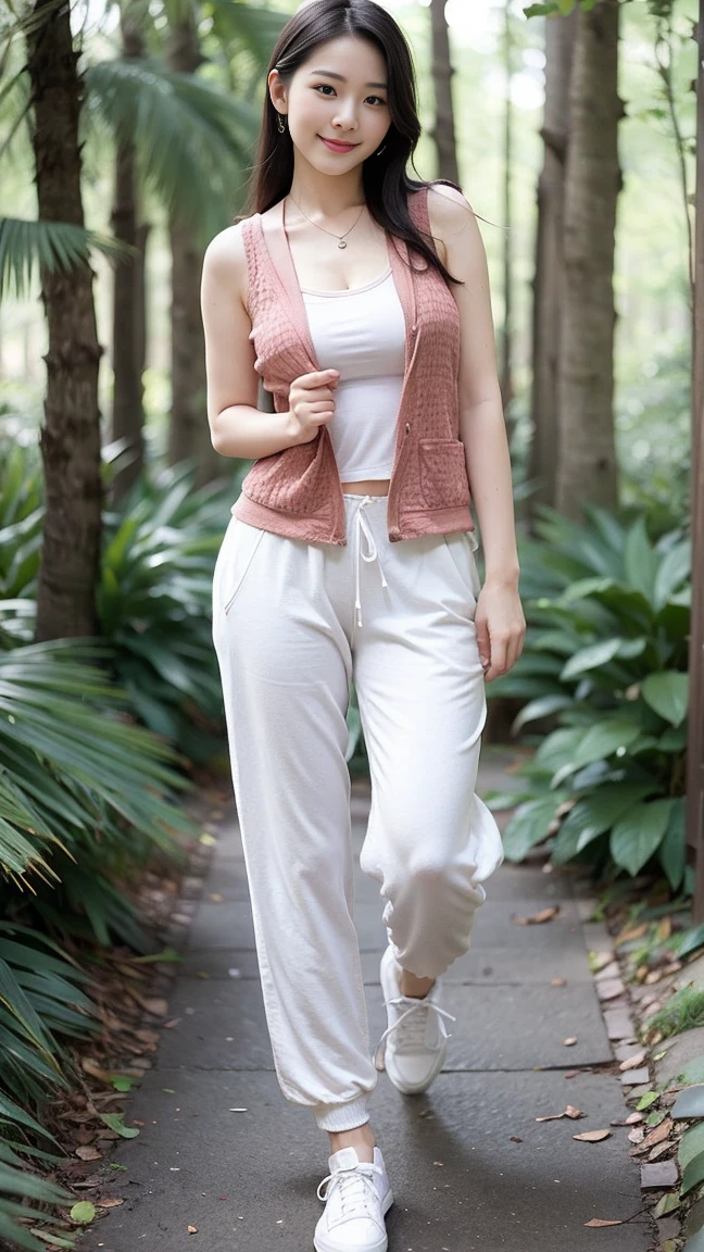masterpiece, best quality, Surreal, Ultra Detailed, 8k resolution, RAW photos, Clear focus,Beautiful Korean woman, 36 inch chest size, Smile, Wearing a patterned vest, necklace,Long sweatpants,Full body posture, White shoes,Solitary, Perfect body, Become a,(a charming smile:1), (sexy pose),(A girl in the forest),