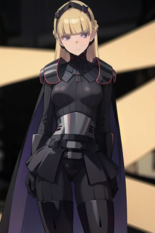 8k,highres,absurdres,masterpiece,best quality,original,extremely detailed CG,extremely detailed wallpaper,perfect lighting,1girl,solo,blurry_background,looking_at_viewer,
AmSW,long hair,blonde hair,black gloves,purple eyes,black hairband,cape,black bodysuit,medium breasts,braid,blunt bangs,