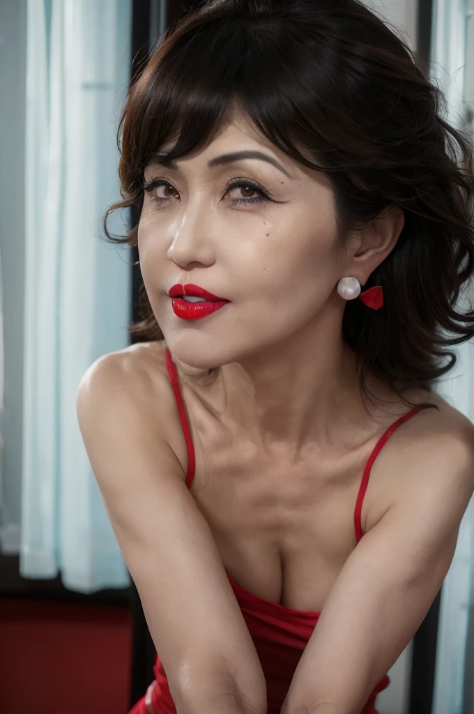NSFW, ((highest quality)), ((8K)), ((masterpiece:1.3)), (perfect look), (photorealism:1.6), (walking woman), (Japanese woman shopping), (A shopping mall where many people go), clear background, (grayscale: 1.6), japanese woman, 47 years old, ((Realistic skin texture)), (Fine wrinkles throughout the skin: 1.3), (Dull skin: 1.1), (Skin without moisture: 1.2) , (Wrinkles on the face: 0.9), (Wrinkles on the corners of the eyes: 1.2), Double eyelids, tear bags on the lower eyelids, (Crying moles: 0.9), The eyes are looking here, serious gaze, (Dimples: 1.2), red lips, (short bangs: 1.2), short hair, Long hair with curls at the tips, (hair falls over ears), smiling with the corners of the mouth raised, Blouse of soft fabric, blouse with a large front and revealing breasts, long skirt, bare feet, small breasts, (only the woman's lips are colored: 1.6), (bright red lips: 1.6), ( Whole body: 1.4), Angle from feet: 1.4,