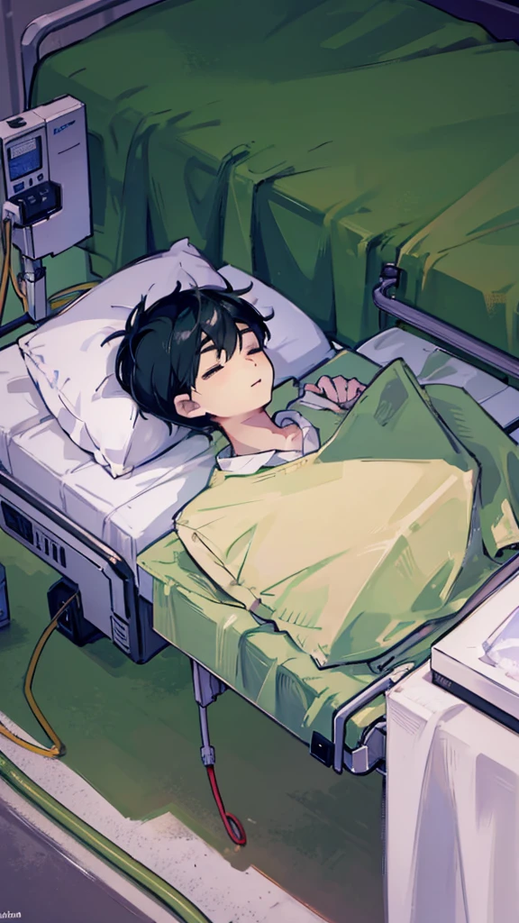 1 boy, lying down, in a coma, sleeping lying in bed, hospital clothes light green, medical equipment, hospital bed, hospital room, body with blood.