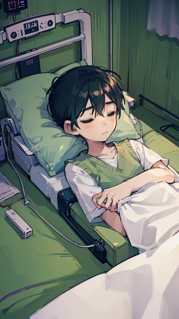 1 boy, lying down, in a coma, sleeping lying in bed, hospital clothes light green, medical equipment, hospital bed, hospital room, body with blood.