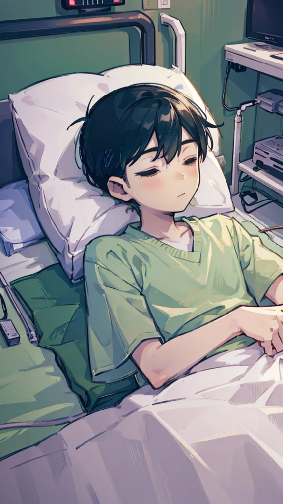 1 boy, lying down, in a coma, sleeping lying in bed, hospital clothes light green, medical equipment, hospital bed, hospital room, body with blood.