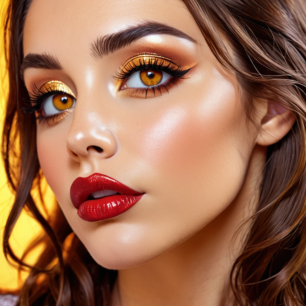 bearded woman, brown hair, amber eyes, simulates a kiss
