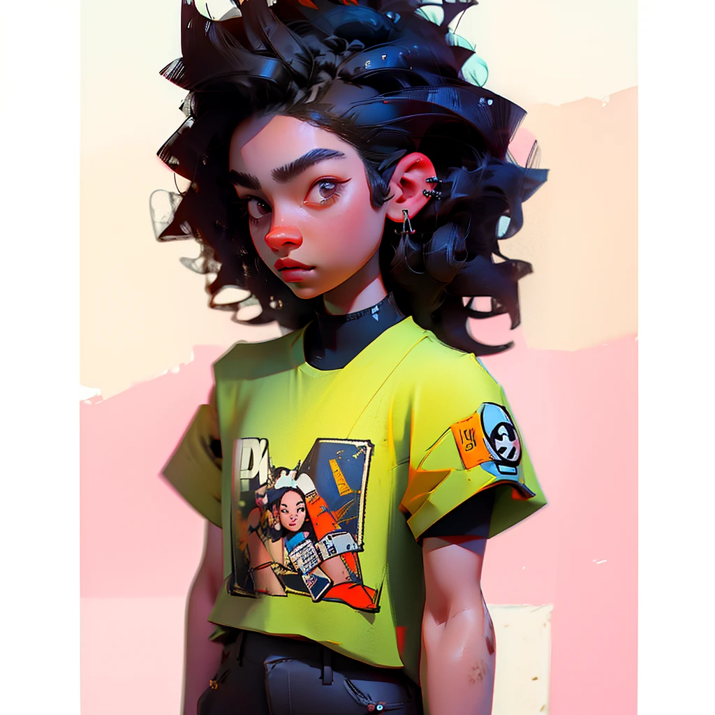 A headshot of a slightly masc hispanic girl with an alternative style, she has long jet black hair that is messy. she's dressed in a baggy band graphic short sleeve t-shirt accompanied with cargo pants she has a few face piercings. She is looking off to the side.