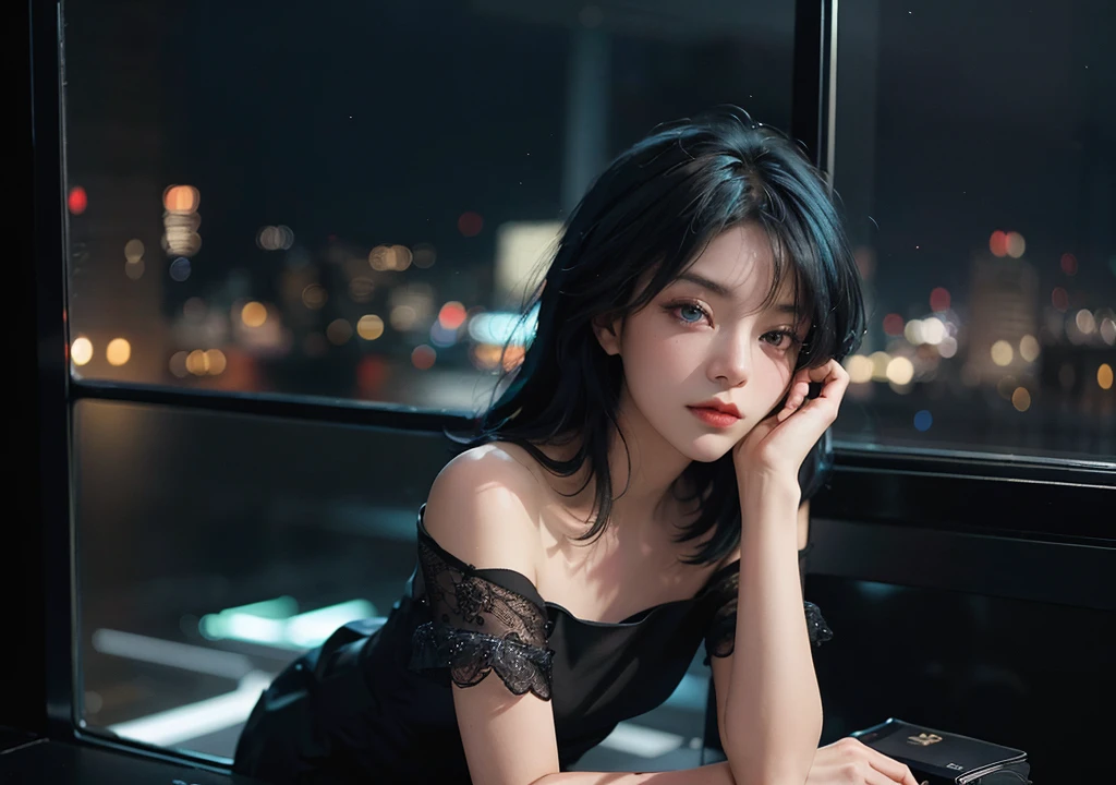 ((High quality, 8k, perfect quality, realistic)), beautiful, perfect face, looking out the window, morning, ((dark room)), Before bed, restless, Short dress, looking at the window, city night view, color black and cyan hair, night city, ((lights off)), facing the audience