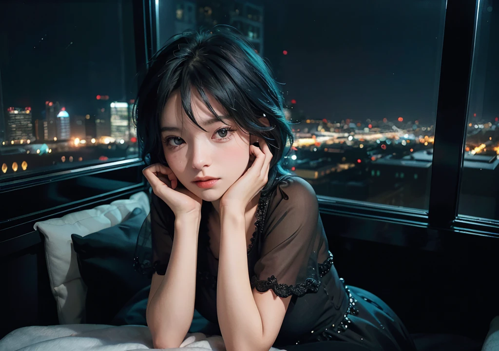 ((High quality, 8k, perfect quality, realistic)), beautiful, perfect face, looking out the window, morning, ((dark room)), Before bed, restless, Short dress, looking at the window, city night view, color black and cyan hair, night city, ((lights off)), facing the audience