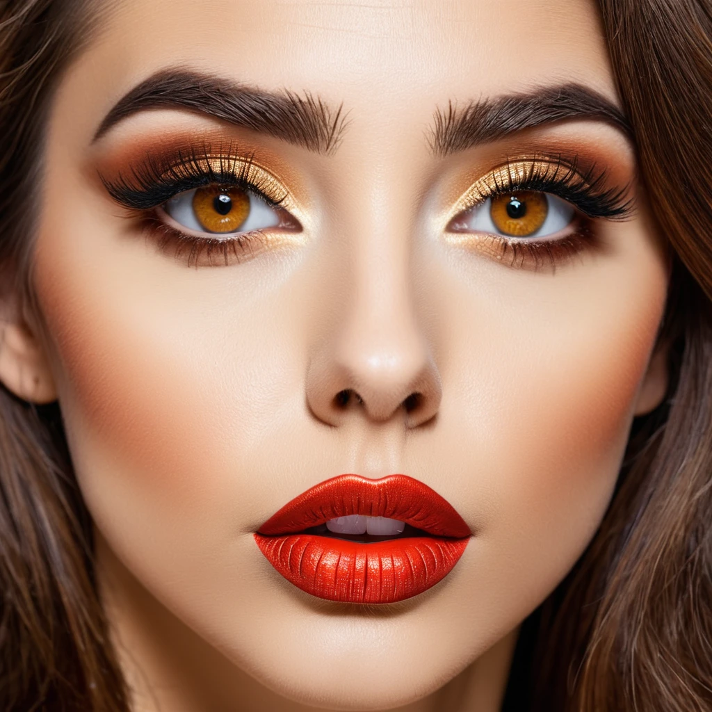 bearded woman, brown hair, amber eyes, simulates a kiss