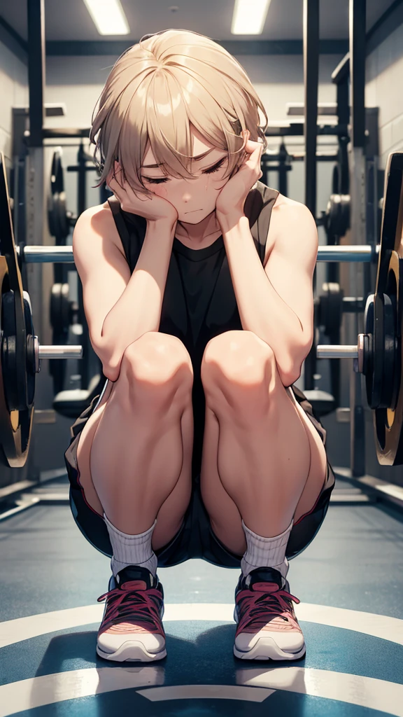 A boy cleaning the gym in gym clothes、Hide your entire face with your hands、Break down in tears、cry、squat