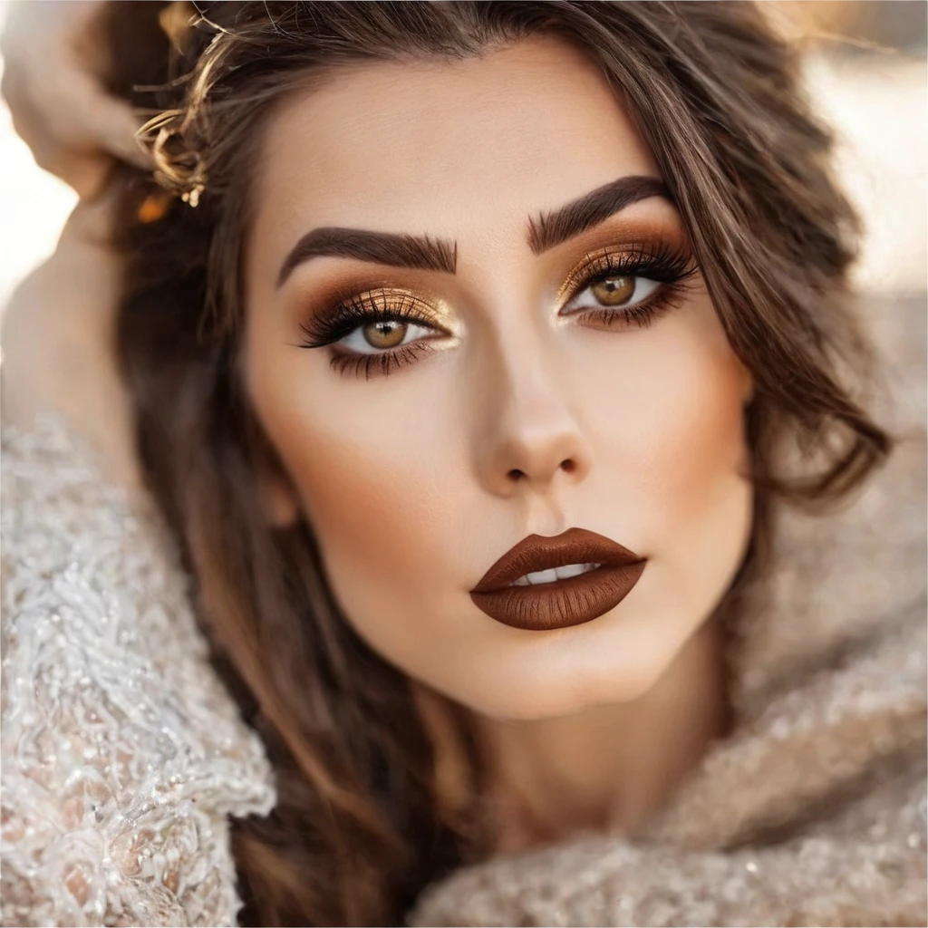 bearded woman, brown hair, amber eyes, simulates a kiss
