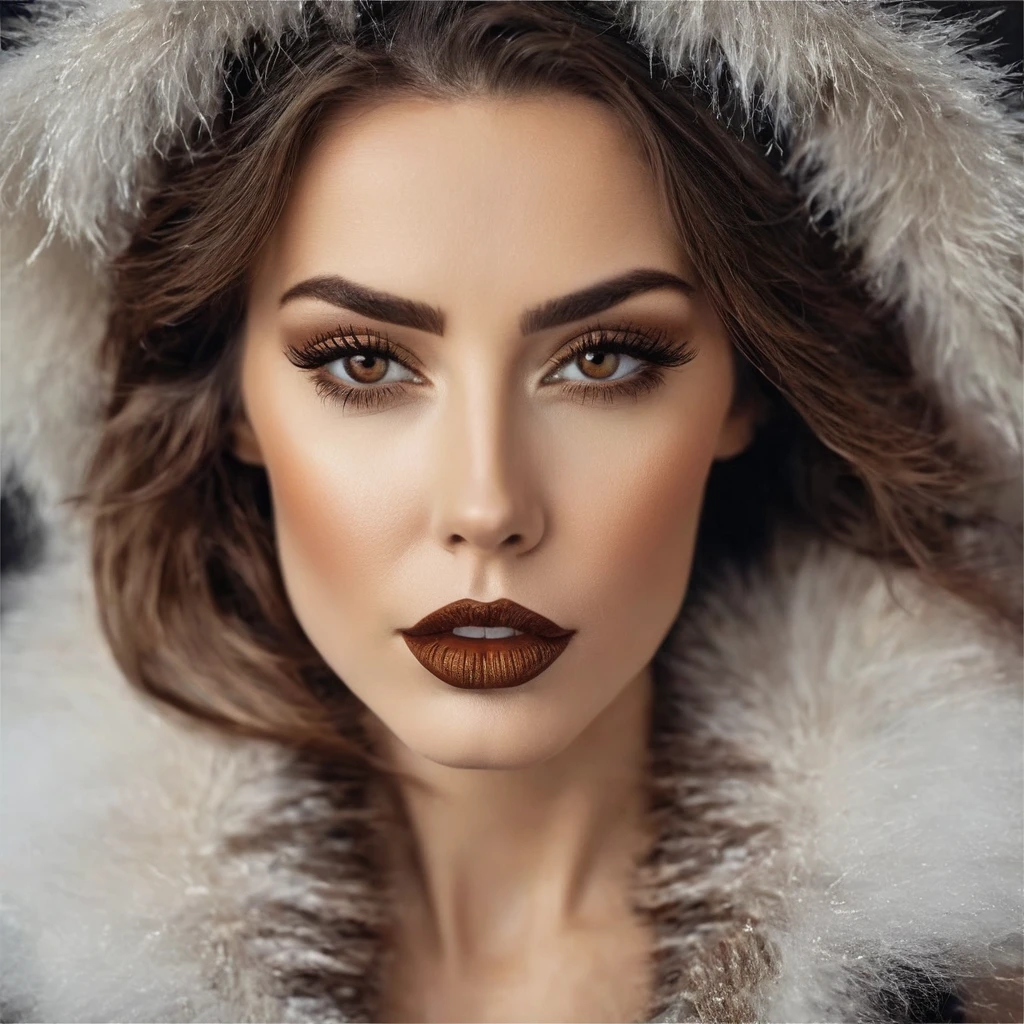 bearded woman, brown hair, amber eyes, simulates a kiss