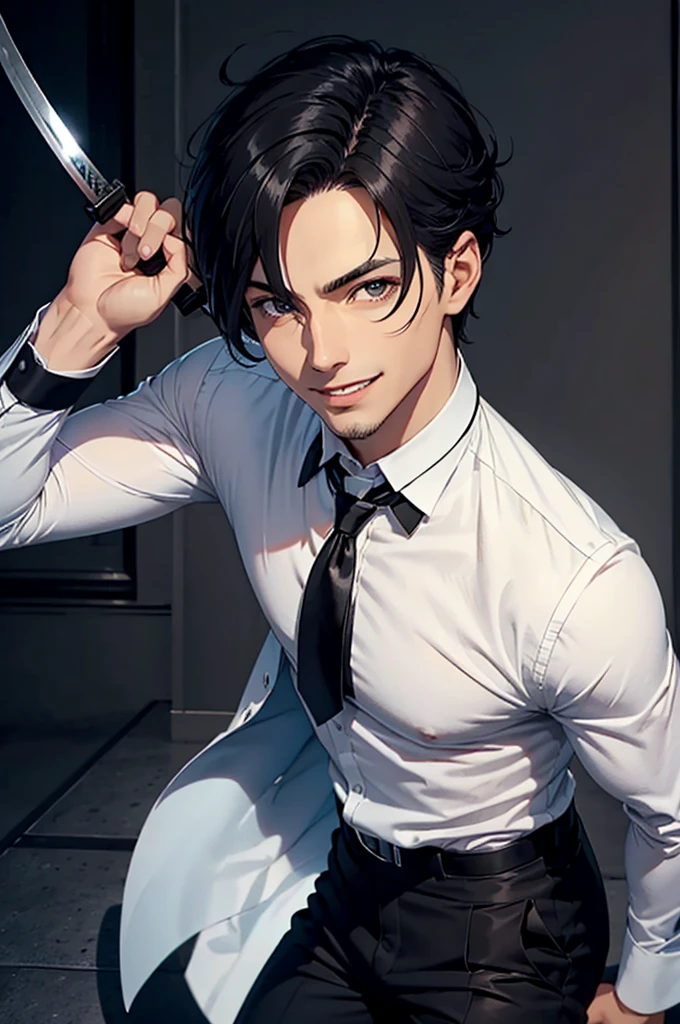 un chico elegante, pelo corto negro, ojos color cafe muy alto, con una katana y muy alegre pero muy alegre