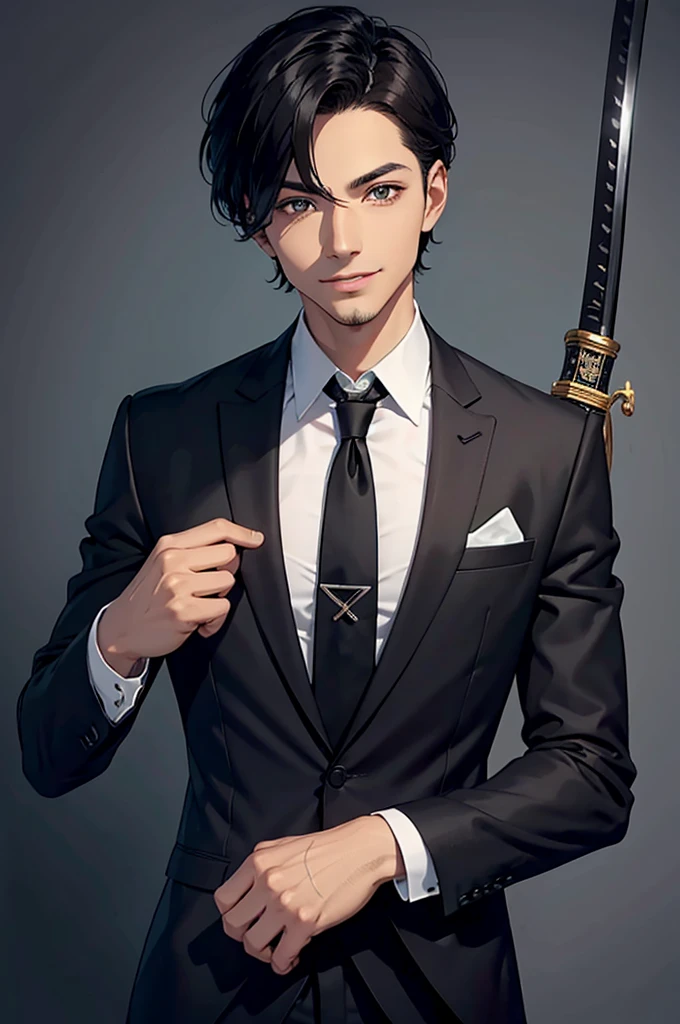 un chico elegante, pelo corto negro, ojos color cafe muy alto, con una katana y muy alegre pero muy alegre