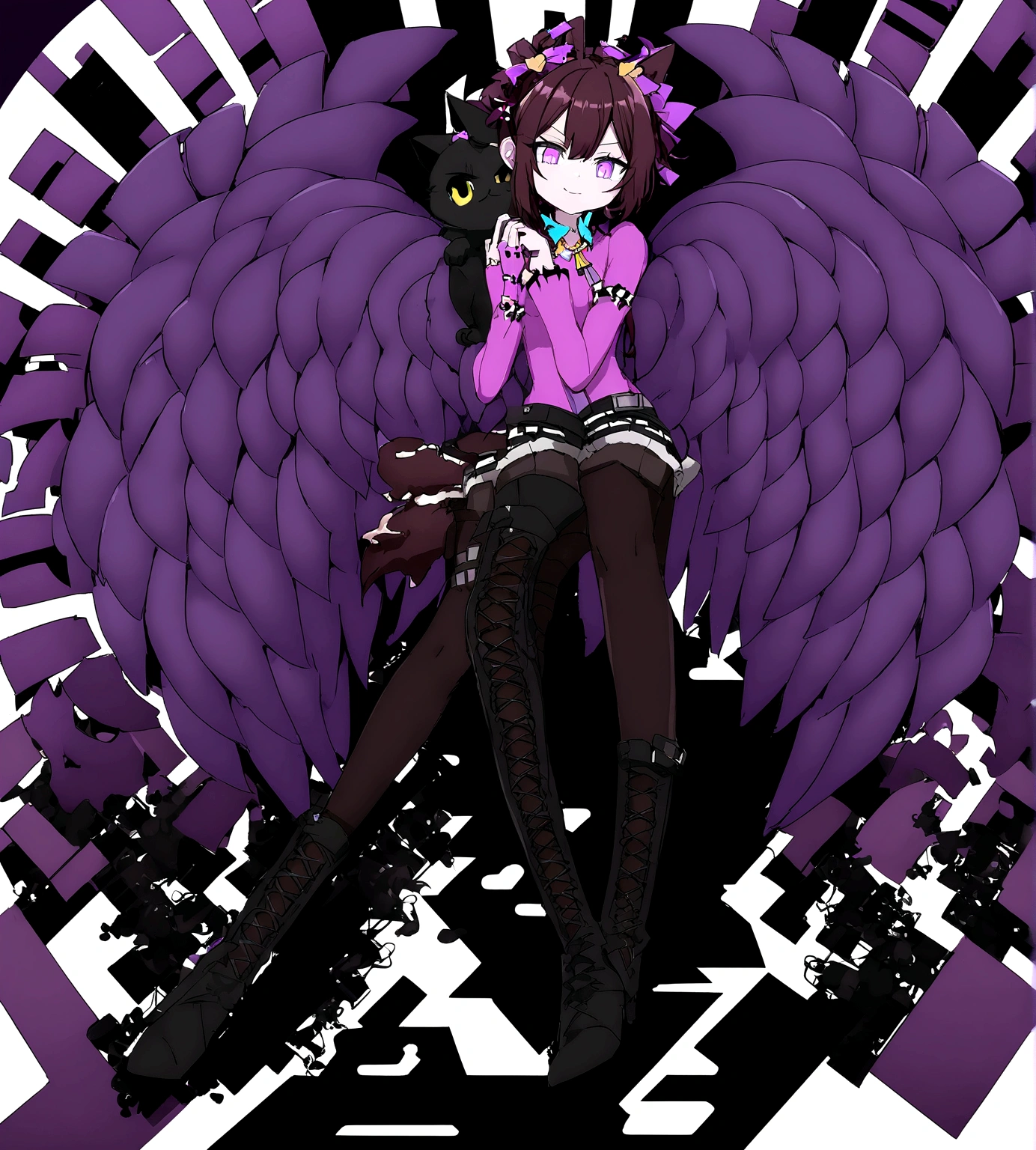 Sassy black cat,purple eyes,purple gems stones on fur,black fur,purple glow,cute