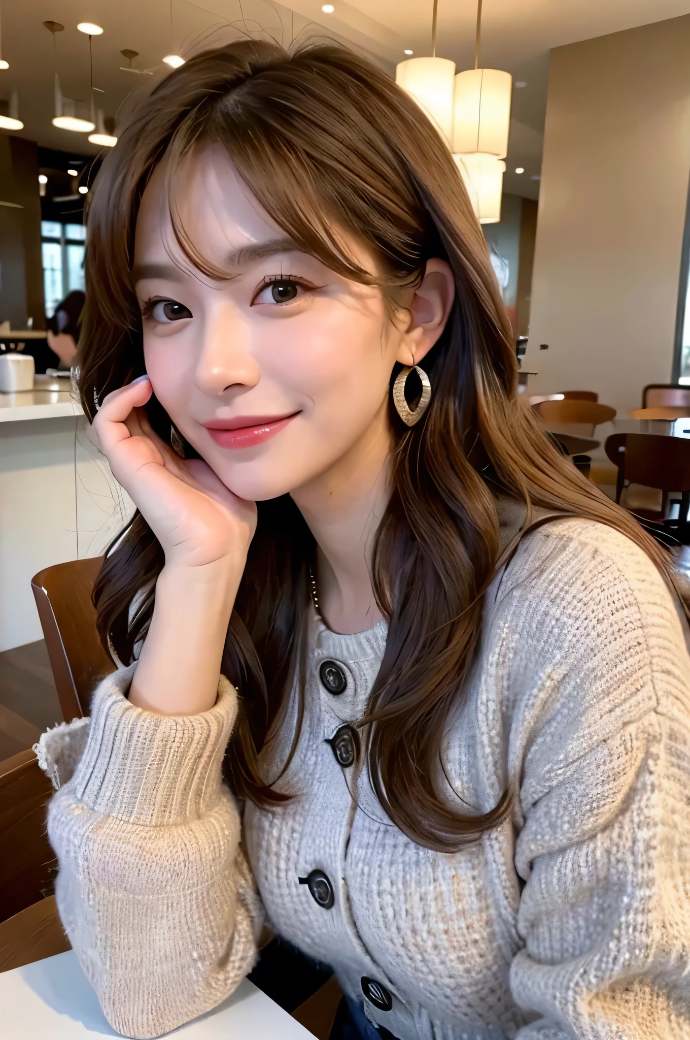 ((highest quality)), ((masterpiece)), (detailed), Perfect Face, Modern cafe girl, Tweed pink Chanel outfit, yperdetailed face、A detailed eye、Double eyelids Concrete pouring Korean Style Wavy Hair a smile,  Elegantly at the cafe、Coffee on the table, NO BAG, There is a big coffee cup on the table, Chanel Earrings