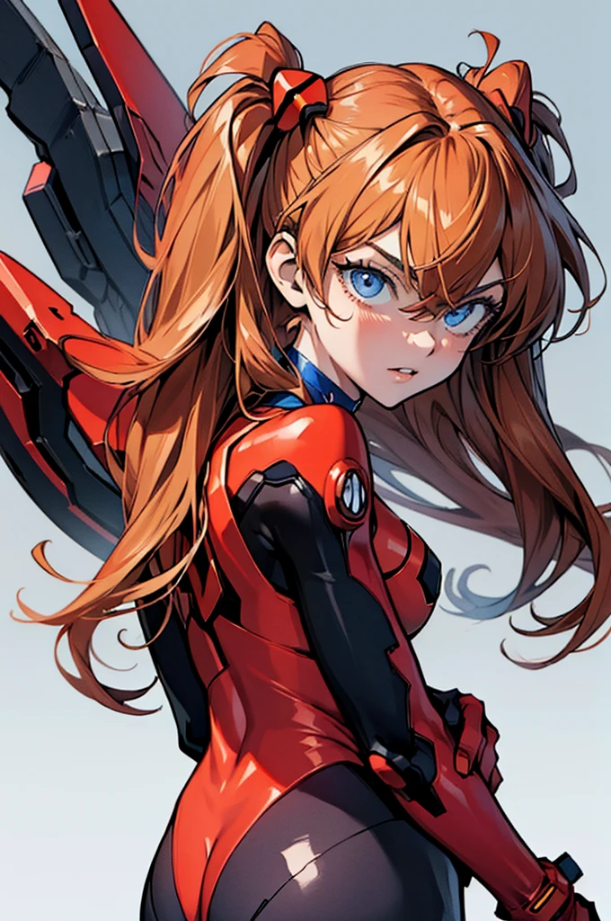 (masterpiece), best quality, expressive eyes, perfect face, 1girl, solo, souryuu asuka langley, interface headset, red bodysuit, standing, badass pose, laboratory background, upper body, portrait, from back