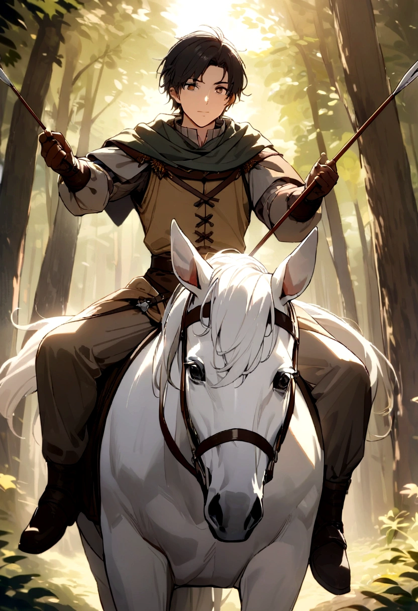 young man with short brownish black hair wearing medieval clothes, holding a bow and arrows, riding a white horse, set in a forest. Approaching perfection, Long take shot, Ultra detailed, smooth, HD resolution, Niji-5.