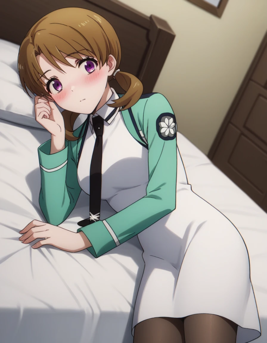 score_9, score_8_up, score_7_up, source_anime,
honokamitsui, honoka mitsui, bangs, brown hair, twintails, purple eyes, low twintails,
long sleeves, dress, , pantyhose, necktie, white dress, black necktie,
indoors, bed, bed room, on side, blush, drunk,
solo, dutch angle, looking at viewer, cowboy shot,