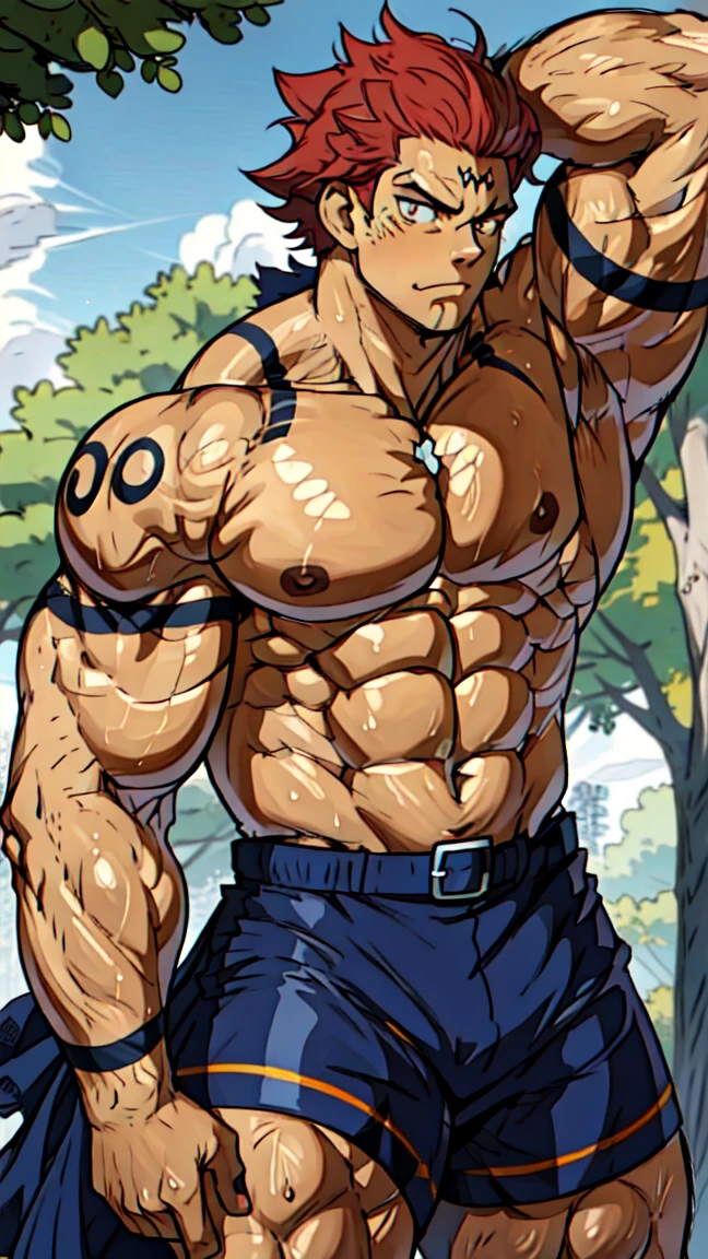 Youthful feeling,( Tattoo),(Thick body hair),Upper body,(He was wearing baggy shorts,Revealing his length, muscular, hairy),(Leaning against a tree),(For the audience) ,(Put his hands on his waist), (Focus on your audience) ,(There is a huge bulge in the area),sideways,Sharp eyes,(Thick dark brown hair),(Bottom-up view),Broad shoulders,Muscles protrude a lot,Highest image quality,cartoon ,Anime Wallpaper,Chest muscle expansion,spread your legs,Sexy,(main part, best quality),((Exaggerated muscle bulge)),The protagonist is tall,muscular and bulky, muscular characters, Awesome and cool, tall and muscular, muscular!!, Very strong, muscular attractive men, Huge muscles, Big Muscle, Muscle Man, Anime handsome man, muscular!, Giant muscles, muscular bodies,(canto da foto de baixo para cima) (imagem da mais alta qualidade) ,Close-up photos,Lion man ,real, jovem, , vestindo shorts, virilha saliente, imagem de anime, Leaning against a tree, pernas bem abertas, male face, bonito rosto jovem, cabelo subcortado, huge muscle muscles of the chest, large strong thigh muscles, Biceps Sinewy muscles, Corpo enorme, corpo tonificado devido ao treinamento intenso, Well-developed muscles, ABS transparente de 8 embalagens, 3 metros de altura, topless, , pele brilhante, rede de suor pingando, (hands on thighs), bare feet, Sem barba,Thick Legs,