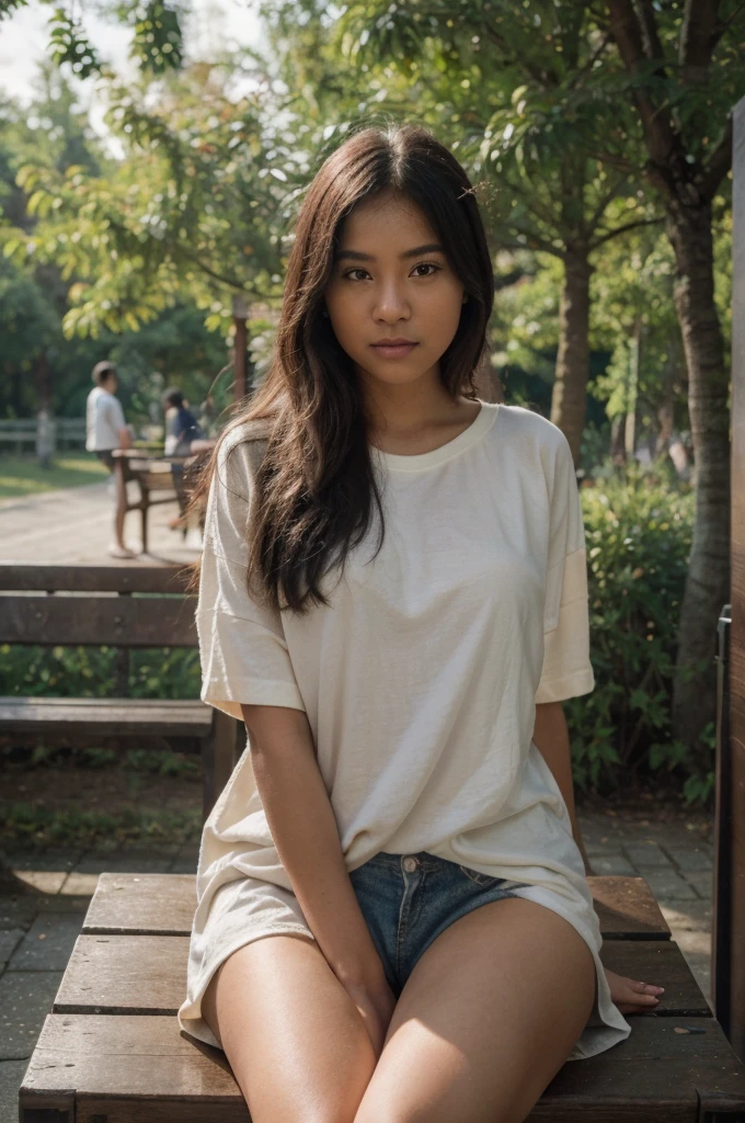 ((Best Quality, 8K, Masterpiece:)), Focus, realistic, A stunning high-resolution, vibrant photograph of 15 old young indonesian girl wear oversize long tshirt and no panties,surrounded by men, multiple men ,sexy aura, erotic mood, sitting,at outdoor theme park benches,realistic photo, full body shot,The background is slightly blurred to keep the focus on her, creating a beautiful bokeh effect. soft sunlight filtering through