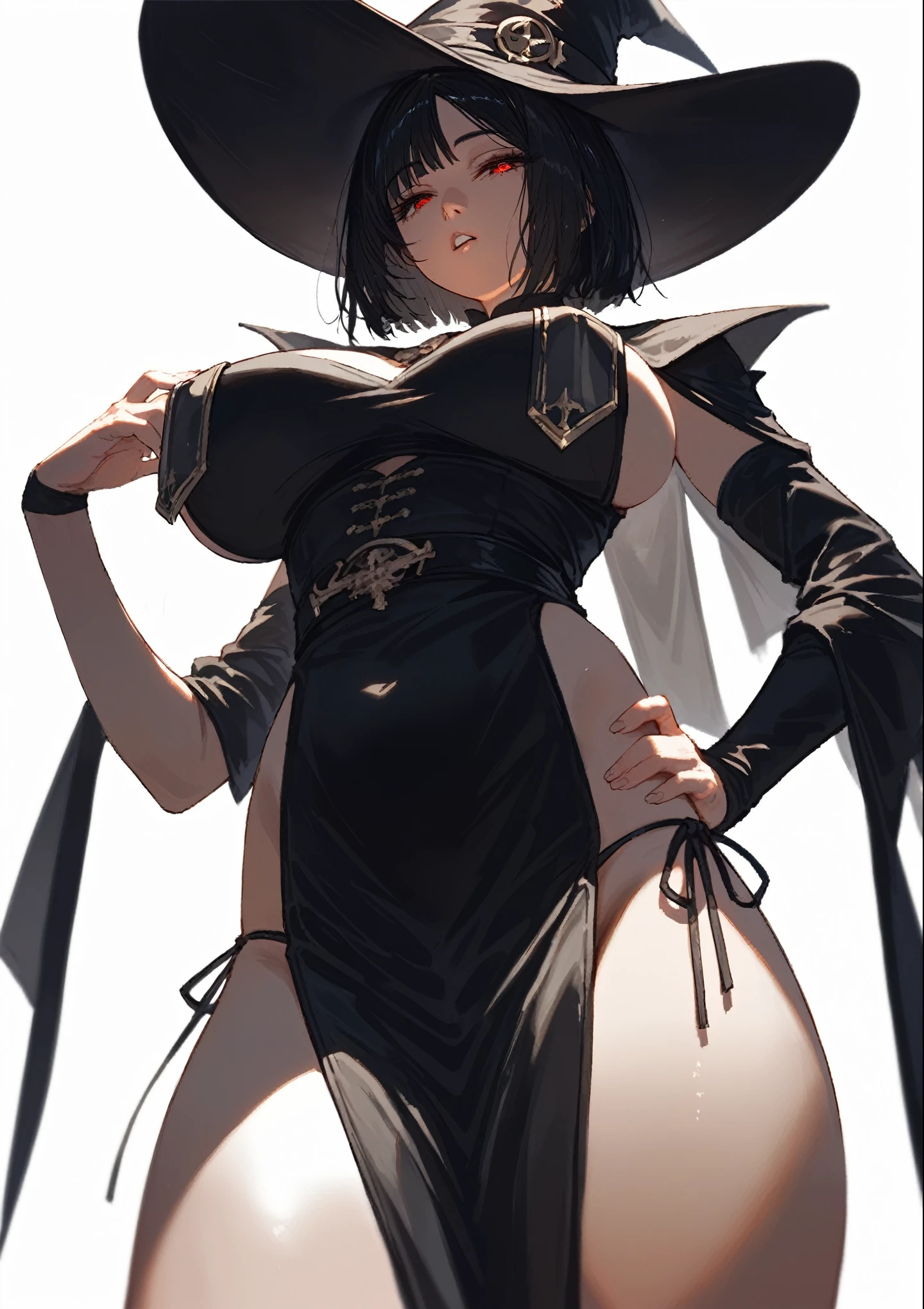 (score_9,score_8_up,score_7_up,score_6_up,score_5_up,score_4_up),1girl,solo, bob cut, black hair, half closed eyes, red eyes, vampire eyes, Long Eyelashes, looking down, parted lips, head tilted, very huge breast, witch hat, black dress(black crow styles), Breast Curtains, curvy, Pelvic Curtain, side-tie panties, thigh, thick, hand on own hip, white background, depth of field, masterpiece, best quality, realistic light and shadow, high key lighting, (balanced photo, balanced exposure), view from bottom, from below, thigh to head,