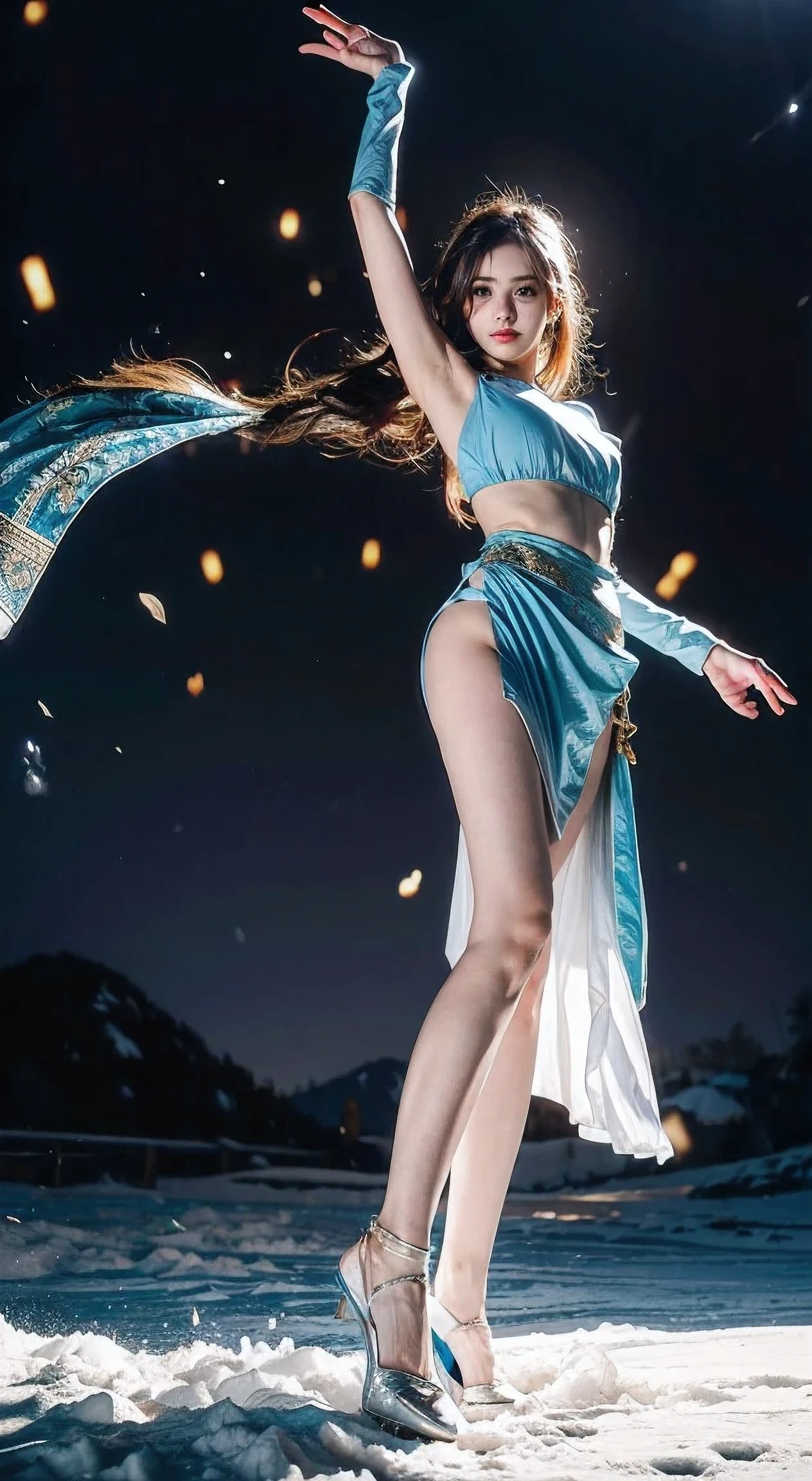 Masterpiece, best quality, realistic, (1 girl: 1.3), blue gold white clothes, shawl long hair, jump, leap, dance, green gold white clothes, long skirt, long scarf, flowing, light armor, snow white skin, bare shoulders, full body, (from below:1.5), martial arts, dynamics, flames, particles