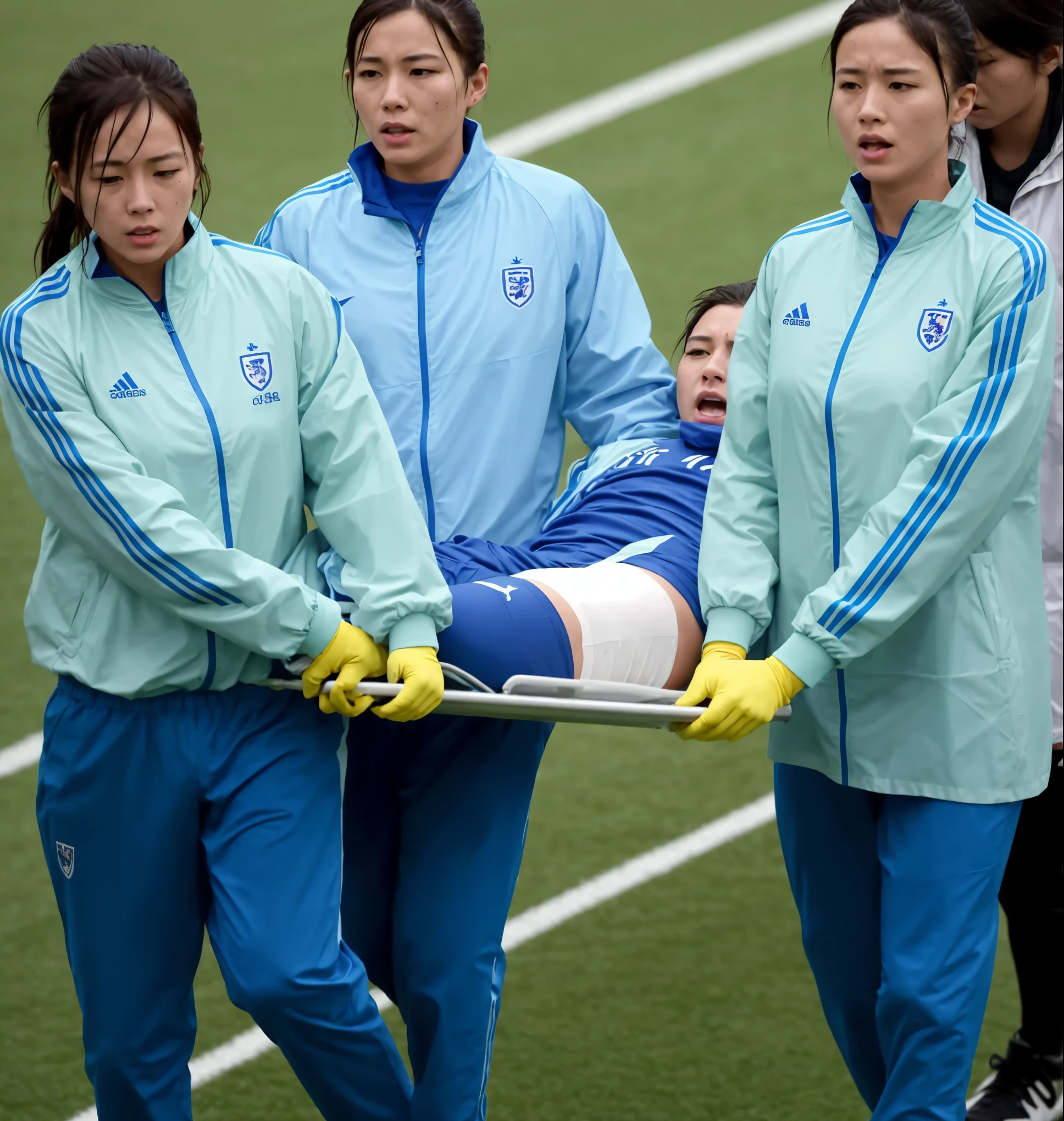 a soccer scene in a chinese sports stadium, rainy weather, wet ground, rainfall, injury scene in a sports stadium, stretcher carry, there are four female medics in wet raincoats who carrying a stretcher, there are four female medics in wet raincoats who are carrying a stretcher in a rainy sports stadium, there is a wounded male soccer player in a matte short cotton sports outfit lying on the stretcher, an injured male soccer player is lying on his back on a stretcher and is rearing up in agony, a soccer player is rearing up in pain while lying on his back on a stretcher, dramatic scene, theatralic posing scene, dramatic pity scene, injury soccer, first aid, help, pity, there are four female medics in shiny raincoats who are looking very sad and very terrified and very shocked, the injured soccer player is screaming out in pain while he is carried from the pitch on a stetcher through the rain