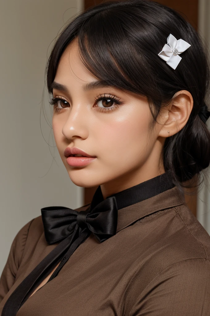 A girl with tied brownish black hair ,big black eyes, thin and long nose,bow shaped lips