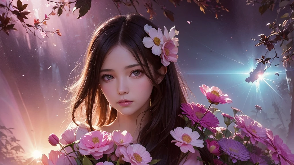 32k, Masterpiece, Highest quality, One girl, Detailed eyes, flower,Sandersonia, Pink and brown style,A dreamy, romantic piece,Pale pink, Mysterious Leaves,A playful arrangement,Fantasy,High Contrast,Ink strokes,explosion,Exposure, Impression of pink and brown tones,Abstract,((Watercolours by John Berkey and Jeremy Mann )) Brush strokes,Negative Space, Tyndall effect,