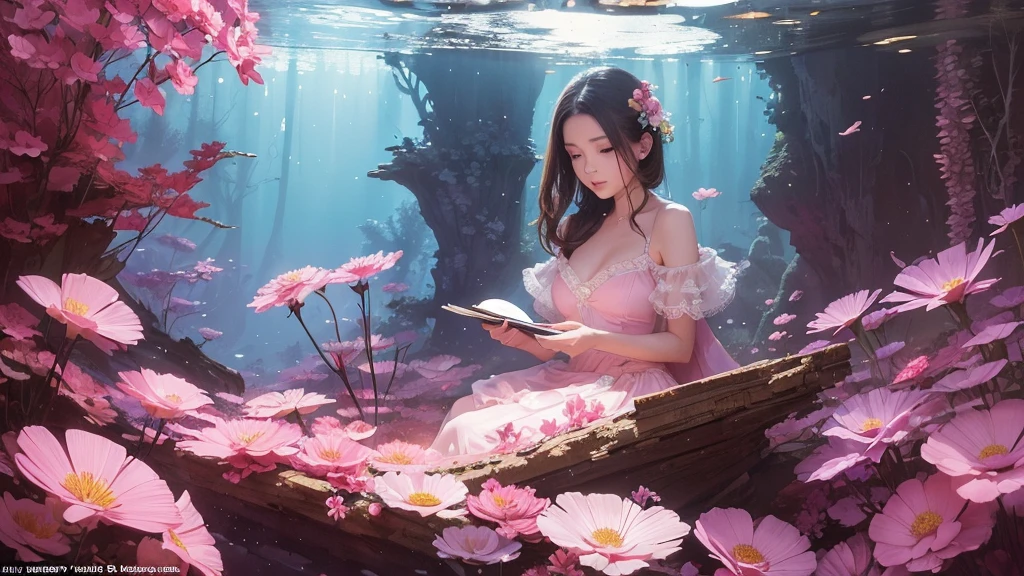 32k, Masterpiece, Highest quality, One girl, Detailed eyes, flower,Sandersonia, Pink and brown style,A dreamy, romantic piece,Pale pink, Mysterious Leaves,A playful arrangement,Fantasy,High Contrast,Ink strokes,explosion,Exposure, Impression of pink and brown tones,Abstract,((Watercolours by John Berkey and Jeremy Mann )) Brush strokes,Negative Space, Tyndall effect,
