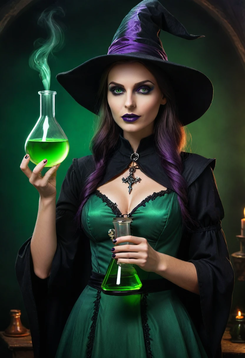 +score_9, score_8_up, score_7_up, score_6_up, a woman dressed as a witch holding a green liquid Erlenmeyer flask, with a magical creature inside, viscous and fluorescent, computer graphics by Anne Stokes, cgsociety, fantasy art, enchanting, fantasy, wiccan, makeup, lipstick, girl is looking at viewer, bright and vivid defined colors