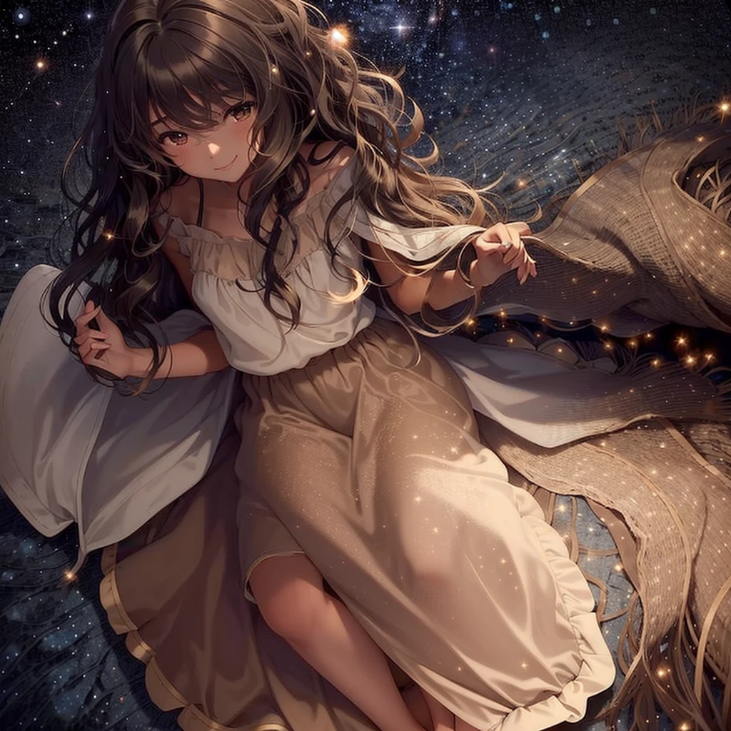 Girl with tan skin and very long wavy dark hair thats wavy sitting down under the stars smiling with a magical night dress