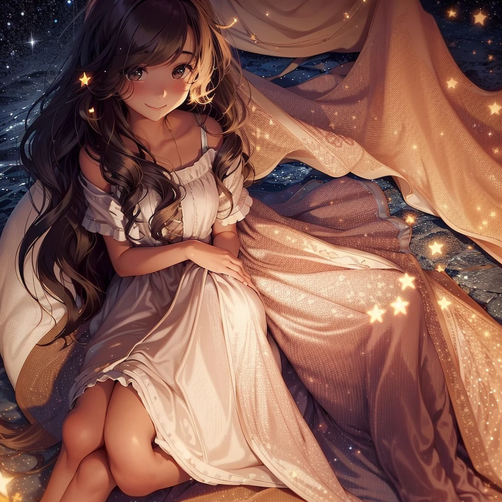 Girl with tan skin and very long wavy dark hair thats wavy  sitting down  under the stars smiling with a magical night dress 