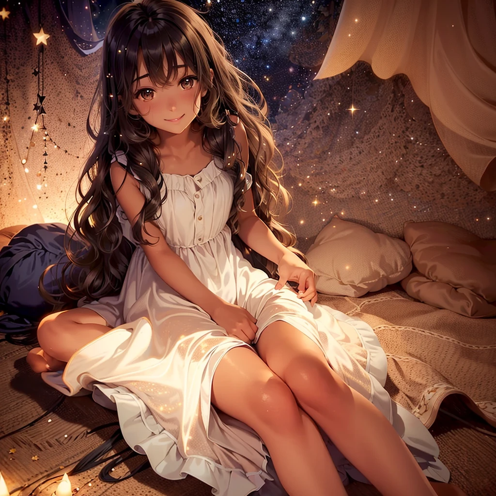 Girl with tan skin and very long wavy dark hair thats wavy sitting down under the stars smiling with a magical night dress