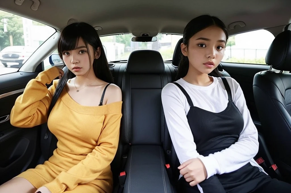Indonesian girl 19-year-old Hairstyle Casual, F Cup Breasts wearing crewneck dress in car amd driving the car with her friend, they are scared because there are thugs who want to do carjacking and they in car increasingly scared and scream for help.