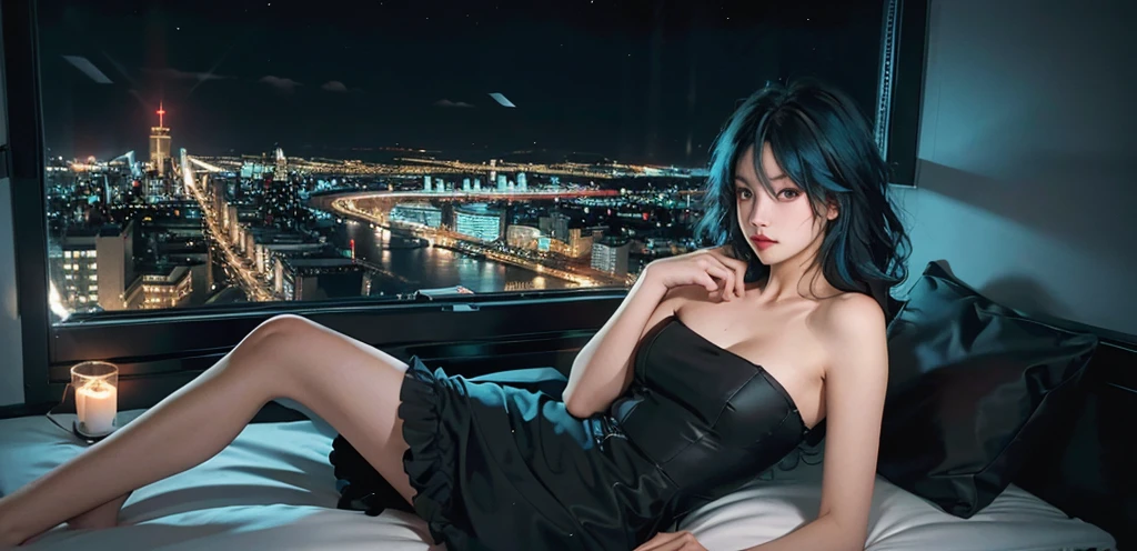 ((High quality, 8k, perfect quality, realistic)), beautiful, perfect face, looking out the window, morning, ((dark room)), Before bed, restless, Short dress, looking at the window, city night view, color black and cyan hair, night city, ((lights off)), facing the audience