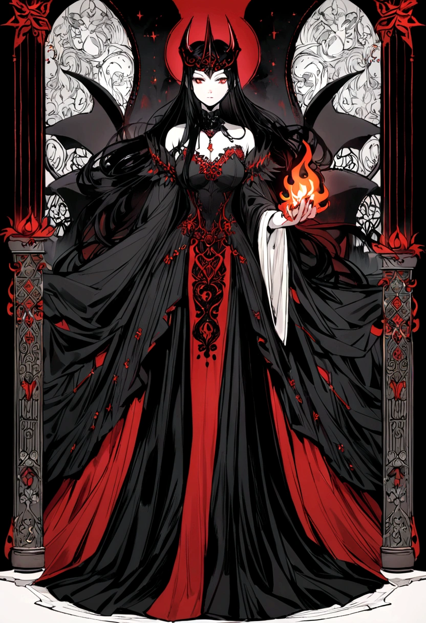 The image depicts an animated character that could be described as a "devil queen." wearing a black dress with white accents. The character has black hair, red horns, and is holding a flame in her hand, which adds to her devilish appearance. The background appears to be a grand, elaborately decorated room, fitting for a queen.