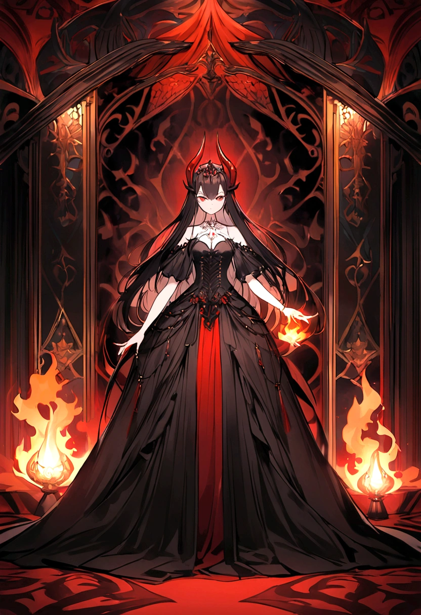 The image depicts an animated character that could be described as a "devil queen." wearing a black dress with white accents. The character has black hair, red horns, and is holding a flame in her hand, which adds to her devilish appearance. The background appears to be a grand, elaborately decorated room, fitting for a queen.
