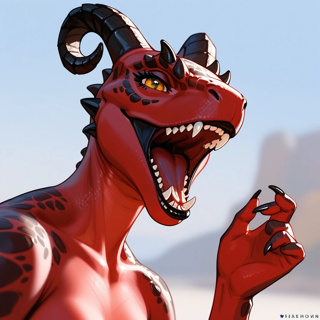 , score_9,score_8_up,score_7_up, anthro Argonian female from skyrim, kemono style, Anthro reptile girl, snout, all red skin, bald, red eyes, black lips, black horns, black ram horns, red tail, black lips, naked, barefoot, 5 toes, lying on a bedroll, on her tummy, feet up, feet visible, inside of a large tent, seductive, pov, human viewer, pov blowjob, she is sucking viewers cock, grinning