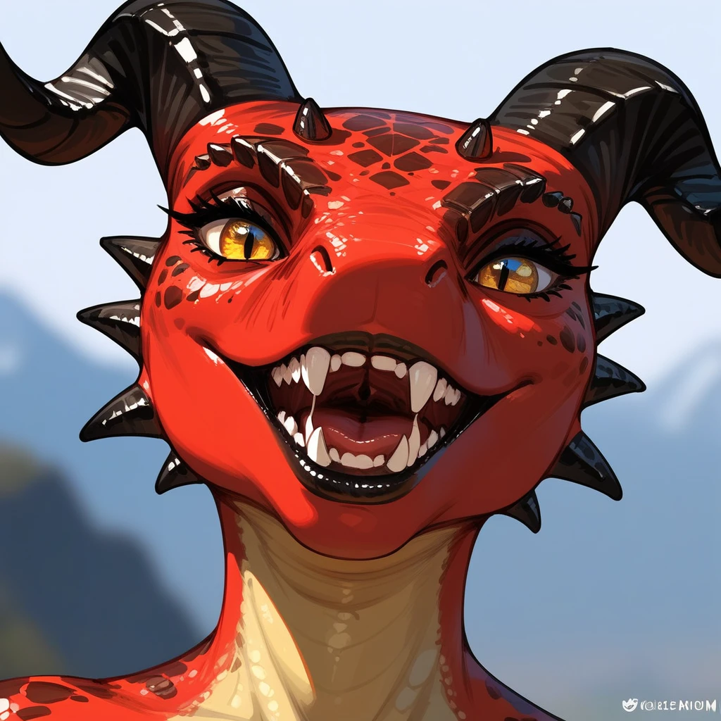 , score_9,score_8_up,score_7_up, kemono style, anthro Argonian female from skyrim, Anthro reptile girl, bald, snout, all red skin, red eyes, black lips, black ram horns, black lips, pov, pov cunnilingus, pov she is licking viewers vagina, human female viewer, simple background 