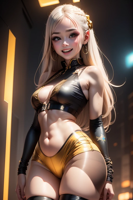[Dress-up doll series - Marin-chan in Chinese clothes] (masterpiece, best quality), (absurdres absolutely resolution), (8k), (detailed beautiful face and eyes), (detailed illustration), (super fine illustration), (vibrant color), (professional lighting), nice hands, perfect hands, BREAK cinematic angle, dutch angle, (dynamic pose:1.3), BREAK (in My Dress-Up Darling style), (marin kitagawa), 1girl, solo, (long blonde hair, multicolored hair:1.5), shiny hair, swept bangs, (big red eyes, wide eyes:1.3), long eyelashes, red lipstick, long red fingernails, makeup blush, (shiny skin, skinny, slender body:1.4), BREAK (laughing:1.3), silver earrings, ear piercing, (gold dragon print, red dress, qipao, tights, zettai ryouiki:1.2), BREAK (night, indoors:1.3), (light particles:1.3), (Nightclub, colorful spotlights:1.3), (magnificent view), (cinematic lighting), (bokeh), more prism, (((Defined women's body))), (((thick thighs))), (((short underwear))), (((ultra detailed skin))), (((small waist)), (( (defined abdomen))), (((full body))), (((curvy body))), (((masterpiece))), (((62k))), (((Maximum quality))), (((RAW))),