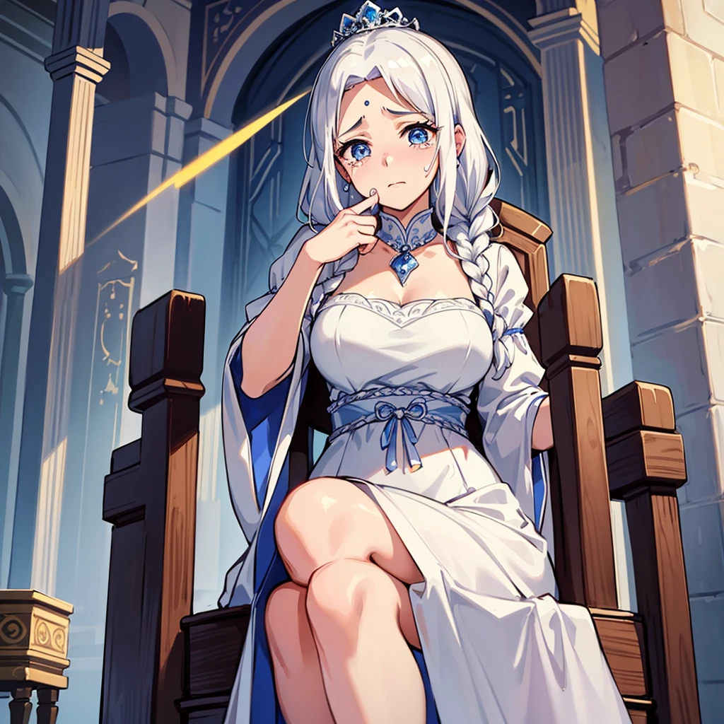 (((Solo)))、Highest quality, Best Quality、middle ages、(((白いGorgeous dress))、(Mature Woman、Mother、40 years old)、(White Hair、Middle Reason、Does not touch the forehead、Dumpling、Braid)、(cry、tears、sad、painful)、(princess、Queen of the West)、(Gorgeous dress)、tiara、(Sit in a luxurious castle chair)、From below