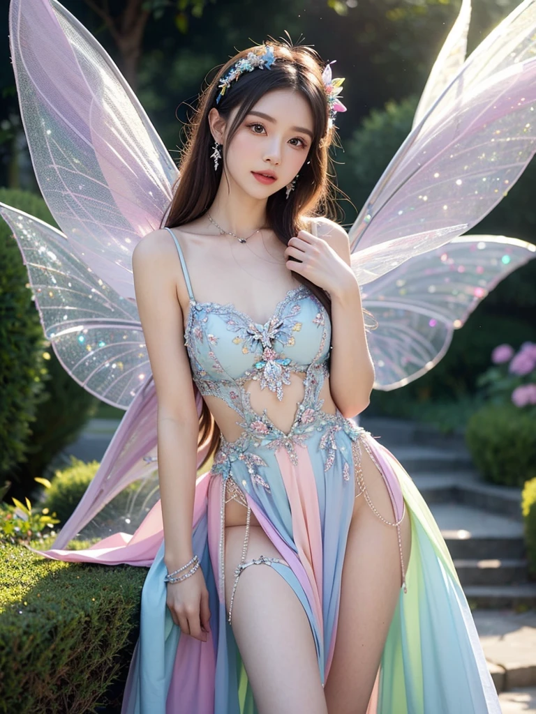 a European woman with pastel rainbow colored fairy wings, sparkling jewels, in a magical fairyland、